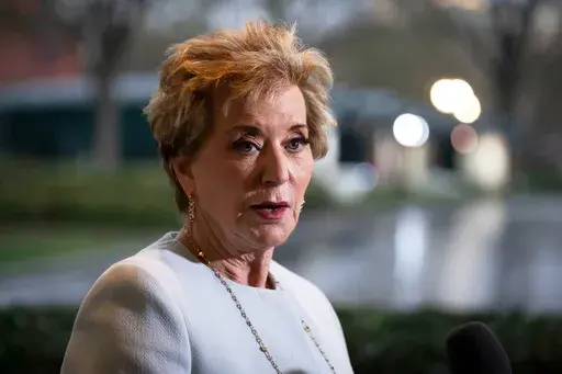 Secretary of Education Linda McMahon speaks to reporters at the White House in Washington, Thursday, March 20, 2025. (AP Photo/Ben Curtis, File)