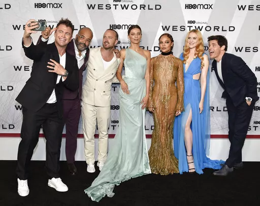 Luke Hemsworth, left, Jeffrey Wright, Aaron Paul, Angela Sarafyan, Tessa Thompson, Evan Rachel Wood and James Marsden attend the premiere of HBO's "Westworld" Season 4 at Alice Tully Hall on Tuesday, June 21, 2022, in New York. (Photo by Evan Agostini/Invision/AP, File)