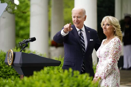 President Joe Biden points to Mexico's first lady Beatriz Gutierrez Muller as first lady Jill Biden watches as he speaks during a Cinco de Mayo event in the Rose Garden of the White House, May 5, 2022, in Washington. Jill Biden says she and the president don't hash out disagreements in front of other people, but argue instead by text. “Fexting” is what they call it. The first lady has revealed that and more in a new interview in the June-July issue of Harper's Bazaar. (AP Photo/Evan Vucci, F