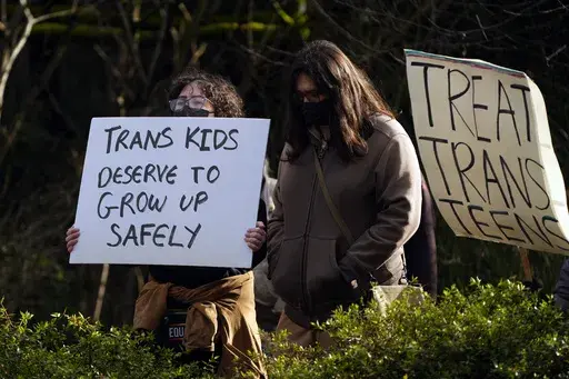 People wave signs to passing cars during a pro-transgender rights protest outside of Seattle Children's Hospital after the institution postponed some gender-affirming surgeries for minors following an executive order by President Donald Trump, Sunday, Feb. 9, 2025, in Seattle. (AP Photo/Lindsey Wasson, File)