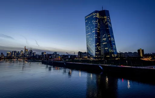 The European Central Bank is pictured in Frankfurt, Germany, Wednesday, March 15, 2023. Inflation in the 20 countries that use the euro slowed to 6.9 percent in March, the lowest level in a year, as food costs continued to rise while energy prices fell, making a sharp turnaround after months of punishing increases. (AP Photo/Michael Probst, File)