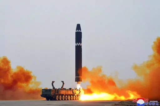 This photo provided by the North Korean government, shows what it says a test launch of a Hwasong-15 intercontinental ballistic missile at Pyongyang International Airport in Pyongyang, North Korea Saturday, Feb. 18, 2023. Independent journalists were not given access to cover the event depicted in this image distributed by the North Korean government. The content of this image is as provided and cannot be independently verified. Korean language watermark on image as provided by source reads: "KC