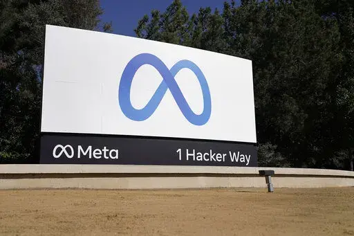 Facebook's Meta logo sign is seen at the company headquarters in Menlo Park, Calif., on, Oct. 28, 2021. Facebook's corporate parent has reached a tentative settlement, Friday, Aug. 26, 2022,  in a lawsuit alleging the world's largest social network service allowed millions of its users' personal information to be fed to Cambridge Analytica, a firm that supported Donald Trump's victorious presidential campaign in 201  (AP Photo/Tony Avelar, File)
