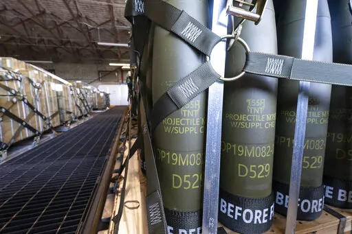 Pallets of 155 mm shells ultimately bound for Ukraine are loaded by the 436th Aerial Port Squadron, Friday, April 29, 2022, at Dover Air Force Base, Del. U.S. officials say that as Russia’s war on Ukraine drags on, U.S. security assistance is shifting to a longer-term campaign that will likely keep more American military troops in Europe into the future. They say a new aid package to be announced includes an additional roughly $3 billion to train and equip Ukrainian forces to fight for years t
