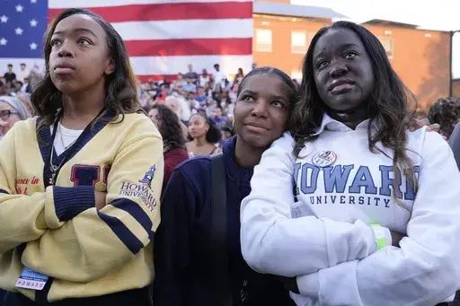 Supporters look on as Vice President Kamala Harris delivers a concession speech for the 2024 presidential election, Nov. 6, 2024, on the campus of Howard University in Washington. (AP Photo/Susan Walsh, File)
