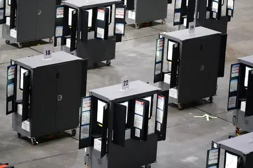 Voting machines fill the floor for early voting at State Farm Arena on Monday, Oct. 12, 2020, in Atlanta. In an advisory sent to state election officials, and obtained by The Associated Press in advance of its expected release on Friday, June 3, 2022, the nation’s leading cybersecurity agency says that electronic voting machines from a leading vendor used in at least 16 states have software vulnerabilities. The U.S. Cybersecurity and Infrastructure Agency, or CISA, said there is no evidence th