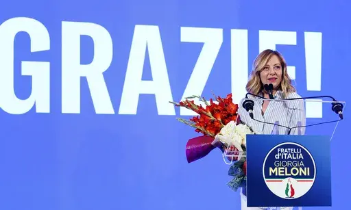 Italian Prime Minister Giorgia Meloni speaks about the results of the European Parliamentary elections at a press conference at the Fratelli d'Italia party electoral committee in Rome, Monday, June 10, 2024. (Roberto Monaldo/LaPresse via AP)