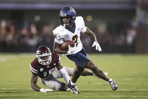 Toledo wide receiver Junior Vandeross III (2) runs downfield against Mississippi State during the first half of an NCAA college football game in Starkville, Miss., Saturday, Sept. 14, 2024. (AP Photo/James Pugh)