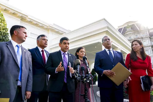 Congressional Hispanic Caucus Chairman Rep. Raul Ruiz, D-Calif., accompanied by from left, Rep. Darren Soto, D-Fla., Rep. Tony Cardenas, D-Calif., Rep. Nanette Barragan, D-Calif., Rep. Adriano Espaillat, D-N.Y., and Rep. Teresa Leger Fernandez, D-N.M., speaks to members of the media following a meeting with President Joe Biden at the White House in Washington, Monday, April 25, 2022. (AP Photo/Andrew Harnik)
