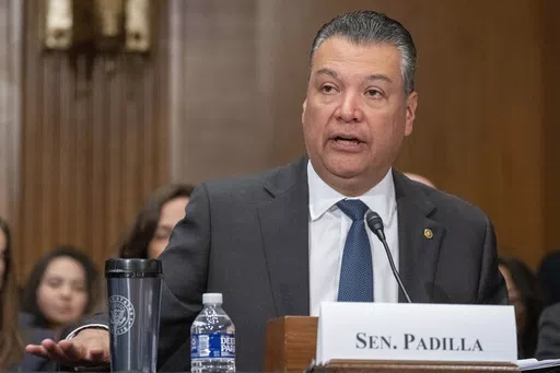Sen. Alex Padilla, D-Calif., speaks during a hearing on April 20, 2023, in Washington. Padilla is taking practically every opportunity to put his stamp on the Democratic Party's approach to immigration. The son of Mexican immigrants and the first Latino to represent his state in the Senate, he has emerged as a persistent force at a time when Democrats are increasingly focused on border security and the country's posture toward immigrants is uncertain. (AP Photo/Alex Brandon, File)