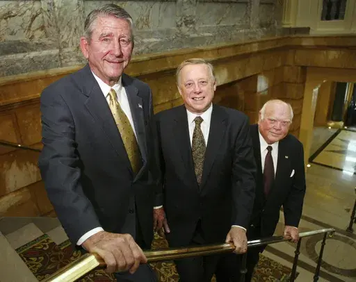 Former Tennessee Gov. Winfield Dunn, left, Gov. Phil Bredesen and former Gov. Ned McWherter, right, attend the 30th anniversary party for the Tennessee Housing Development Agency at the Hermitage Hotel in Nashville, Tenn., Friday, June 13, 2003. Dunn has died Saturday, Sept. 28, 2024, at age 97. (Nina Long/The Tennessean via AP, File)
