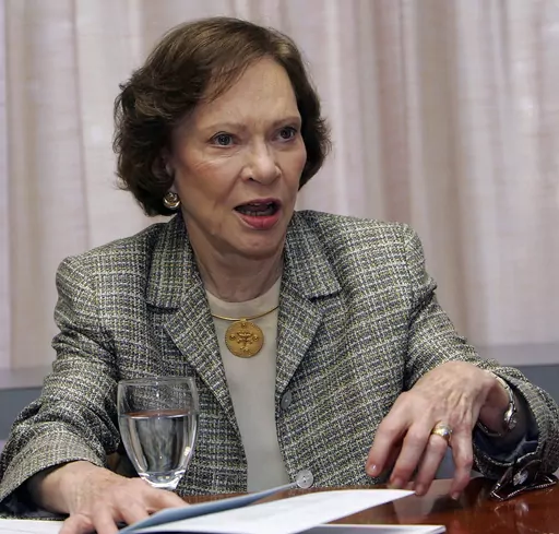 Former first lady Rosalynn Carter discusses the Institute of Medicine report, "Crossing the Quality Chasm: Adaptation to Mental Health and Addictive Disorders," during the 21st annual Rosalynn Carter Symposium on Mental Health Policy at the Carter Center, Nov. 3, 2005, in Atlanta. Health care experts say the advocacy of Carter, who died Sunday, Nov. 19, 2023, at age 96, created a framework for much of the progress on mental illness in America. (AP Photo/Ric Feld, File)