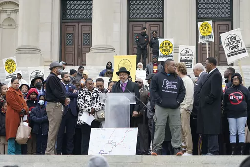 More than 200 people gather on the steps of the Mississippi Capitol on Jan. 31, 2023, to protest against a bill that would expand the patrol territory for the state-run Capitol Police within the majority-Black city of Jackson and create a new court with appointed rather than elected judges. (AP Photo/Rogelio V. Solis, File)