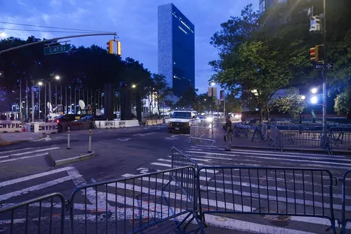 Barricades block pedestrian and automobile traffic near United Nations headquarters in New York, Monday, Sept. 19, 2022. (AP Photo/Seth Wenig)