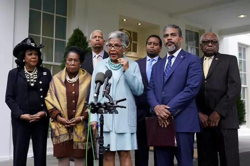 Rep. Joyce Beatty, D-Ohio, chair of the Congressional Black Caucus, speaks with members of the press after meeting with President Joe Biden at the White House, March 7, 2022, in Washington. Standing with Beatty are Rep. Frederica Wilson, D-Fla., from left, Rep. Sheila Jackson Lee, D-Texas, Rep. Hank Johnson, D-Ga., Rep. Joe Neguse, D-Colo., Rep. Steven Horsford, D-Nev., and House Majority Whip Jim Clyburn, D-S.C. With their agenda stalled in Congress and the midterm election fast approaching, De