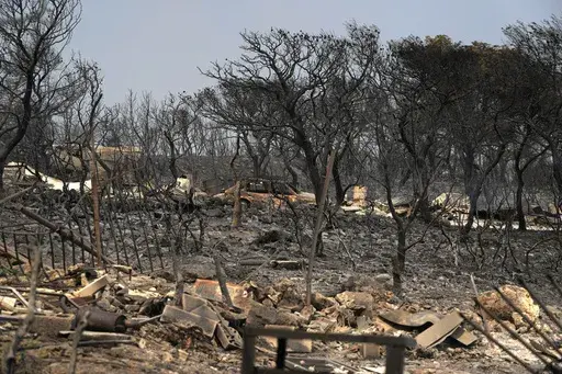 Burnt trees and a car after yesterday's fire in Mandra, west of Athens, on Wednesday, July 19, 2023. Europe is the fastest-warming continent and its temperatures are rising at roughly twice the global average, two top climate monitoring organizations reported Monday, April 22, 2024, warning of the consequences for human health, glacier melt and economic activity. (AP Photo/Thanassis Stavrakis, File)