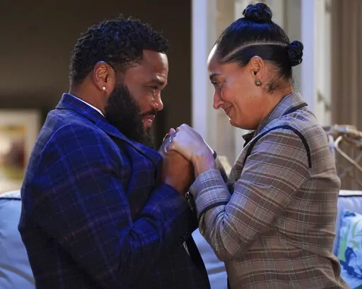 This image released by ABC shows Anthony Anderson, left, and Tracee Ellis Ross in a scene from the series finale of "black-ish," airing April 19. (Richard Cartwright/ABC via AP)