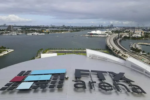 In this photo taken with a drone, the FTX logo is seen on the roof of the FTX Arena on Wednesday, Dec. 7, 2022, in Miami. The House Financial Services Committee holds a hearing on Tuesday on the collapse of cryptocurrency exchange FTX. (AP Photo/Rebecca Blackwell)