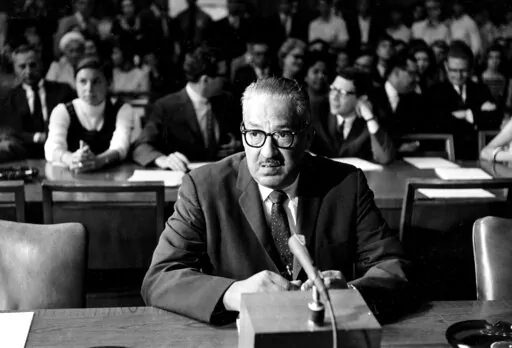 Solicitor General Thurgood Marshall, nominated by President Lyndon B. Johnson to the U.S. Supreme Court, sits at the witness table before testifying before the Senate Judiciary Committee during his confirmation hearing in Washington, July 18, 1967. (AP Photo, File)