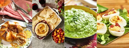 This combination of photos shows recipes for Baked Brie en Croute with Raspberry Jam, from left, hummus, Parmesan Feta Spinach Dip and Deviled Eggs. (Cheyenne M. Cohen via AP)