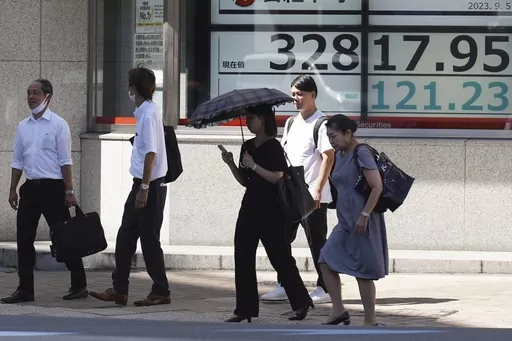 People walk in front of an electronic stock board showing Japan's Nikkei 225 index at a securities firm on Sept. 5, 2023, in Tokyo. Shares fell Friday, Sept. 8 in Asia after Japan reported its economy grew less than earlier estimated in the last quarter. (AP Photo/Eugene Hoshiko, File)