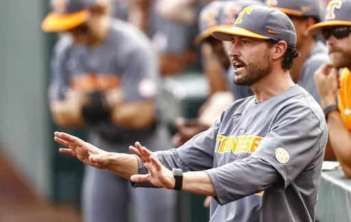 Tennessee head coach Tony Vitello reacts to a call during an NCAA college baseball super regional game against LSU, Sunday, June 13, 2021, in Knoxville, Tenn. The Vols, the new No. 1 team in two of the major polls Monday, March 28, 2022, have shown no weaknesses to date. They lead the nation in batting average (.338), home runs (64) and slugging (.683) and are second in scoring (11.1 runs per game). (AP Photo/Wade Payne, File)