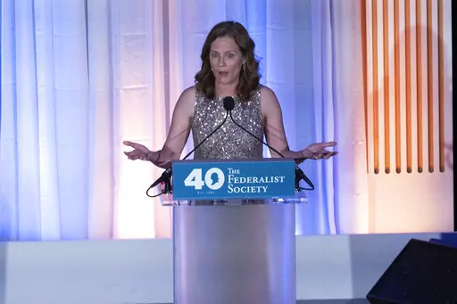 Supreme Court Associate Justice Amy Coney Barrett speaks during the Federalist Society's 40th Anniversary at Union Station in Washington, Monday, Nov. 10, 2022. ( AP Photo/Jose Luis Magana)