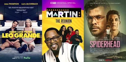 This combination of photos shows promotional art for, "Good Luck to You, Leo Grande," a film premiering June 17 on Hulu, left, "Martin: The Reunion," debuting  June 16 on BET+, center, and "Spiderhead," a Netflix film premiering June 17. (Hulu/BET+/Netflix via AP)
