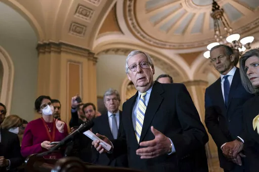 Senate Minority Leader Mitch McConnell, R-Ky., talks with reporters at the Capitol in Washington, April 5, 2022. (AP Photo/J. Scott Applewhite, file)
