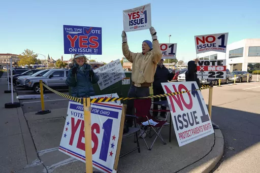 People gather in the parking lot of the Hamilton County Board of Elections as people arrive for early in-person voting in Cincinnati, Nov. 2, 2023. Ohio’s new constitutional projections for abortion access are supposed to take effect Dec. 7. But existing abortion-related lawsuits are moving again now that voters have decided the question, creating uncertainty about how and when the amendment will be implemented. (AP Photo/Carolyn Kaster, File)