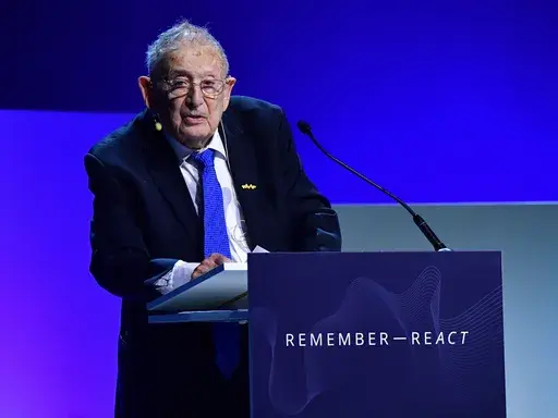 Professor Yehuda Bauer speaks during the Malmo International Forum on Holocaust Remembrance and Combating Antisemitism - REACT in Malmo, Sweden, Oct. 13, 2021. Bauer has died at the age of 98. (Jonas Ekstromer/TT News Agency via AP, File)